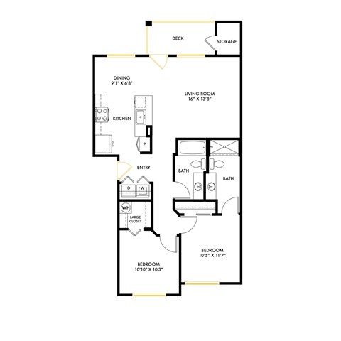 Floor plan for 2 beds, 2 baths, 970 sqft